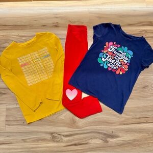 Cat & Jack Yellow Long Sleeve, Red Leggings, and Blue Graphic Tee Set